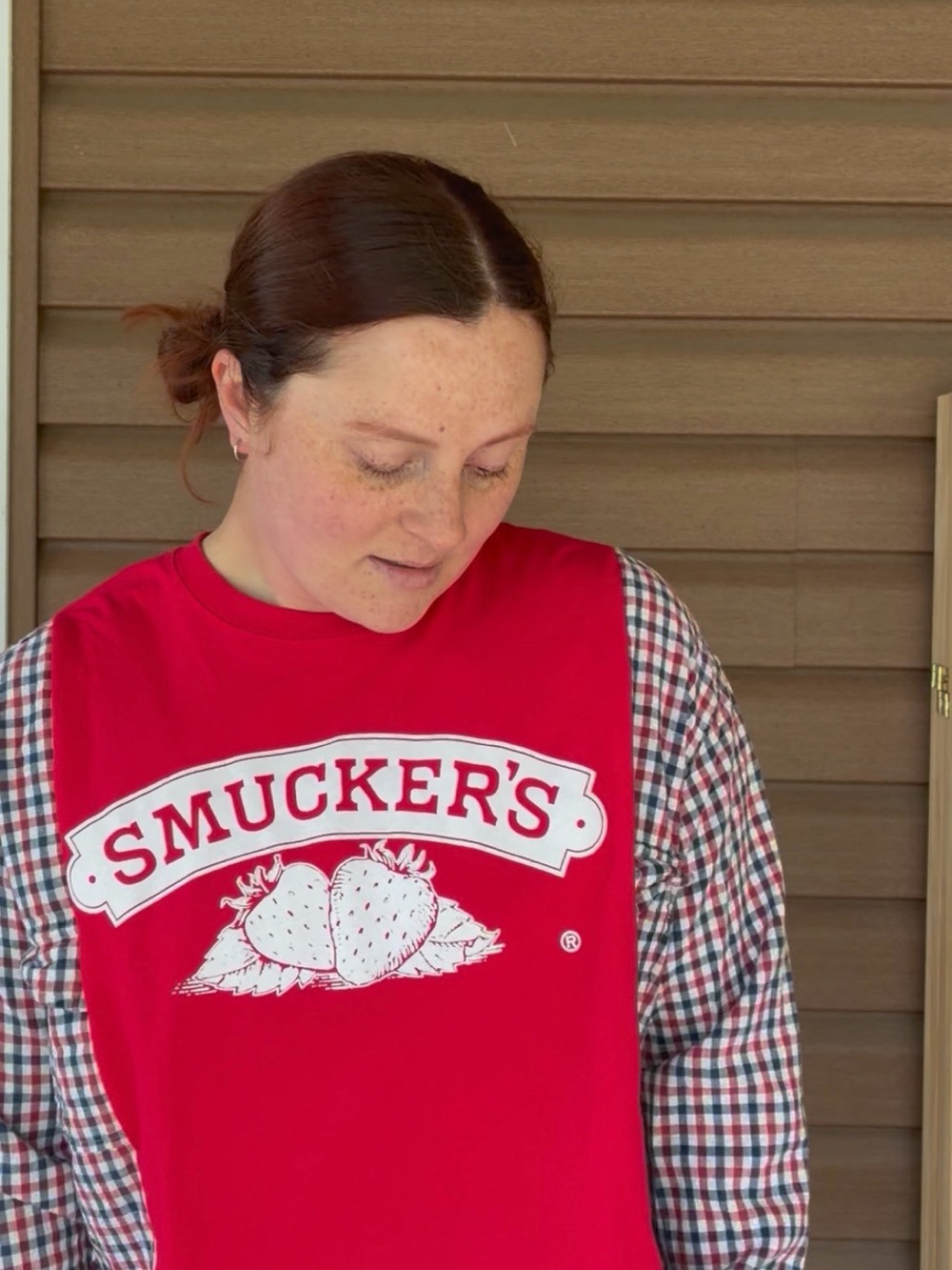 Smucker's Red Logo Tee with Plaid Sleeves